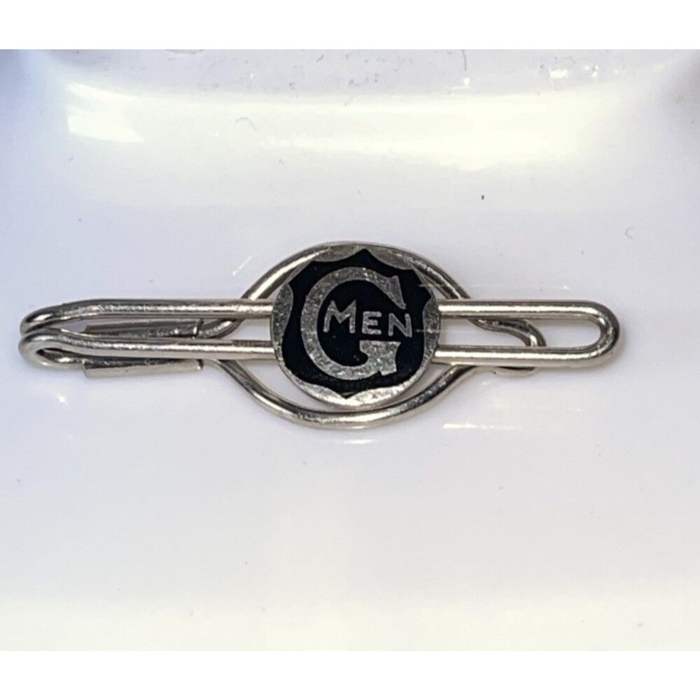Mens Tie Clip “G MEN In Black Shield” Silver Toned Nostalgic Vintage 1960’s